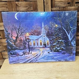 Festive Light-up Frame / Canvas with a Winter Church Scene Art